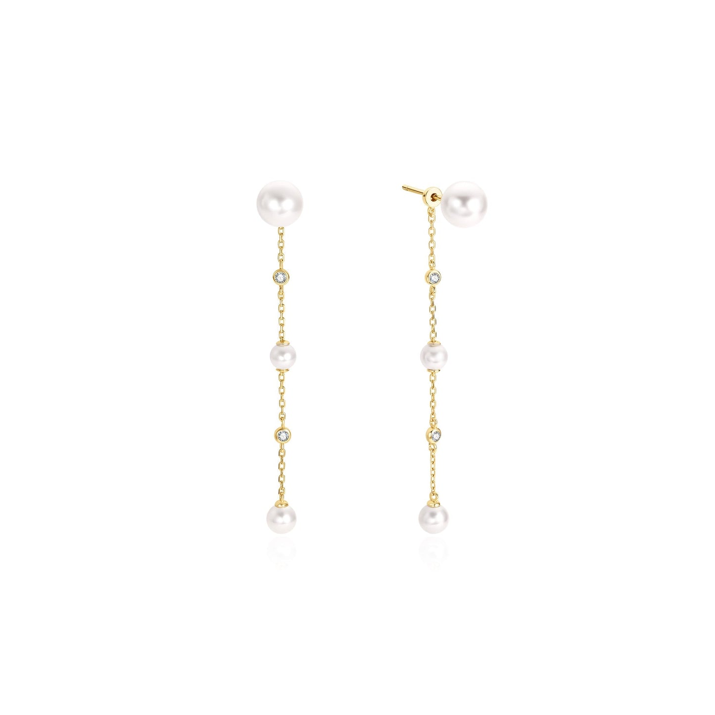 Gold Cascade Shell Pearl Station Drop Stud Earrings