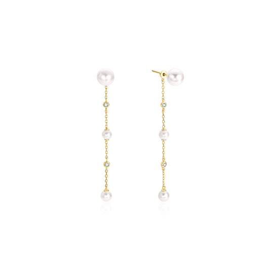 Gold Cascade Shell Pearl Station Drop Stud Earrings
