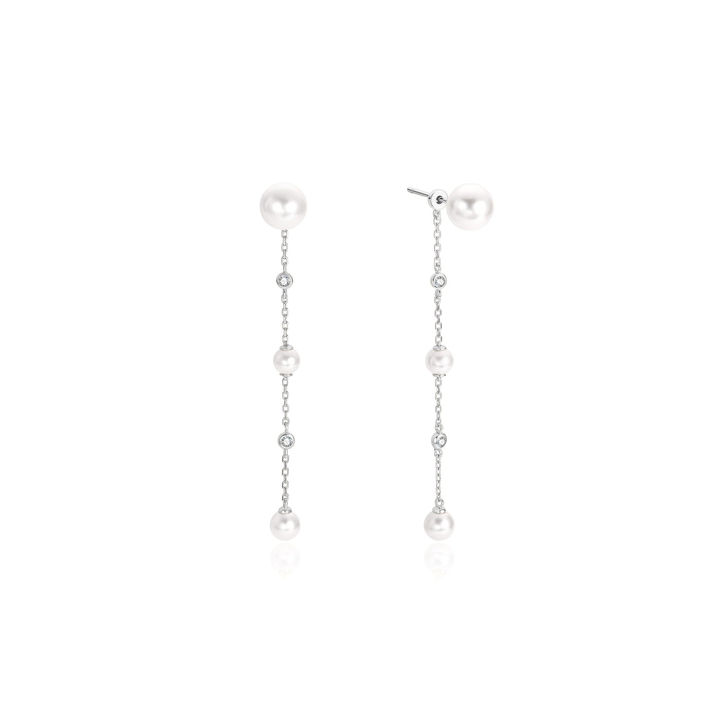 Silver Cascade Shell Pearl Station Drop Stud Earrings