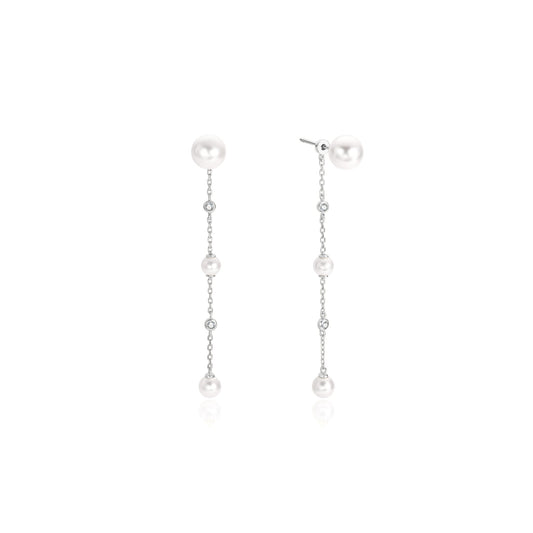 Silver Cascade Shell Pearl Station Drop Stud Earrings