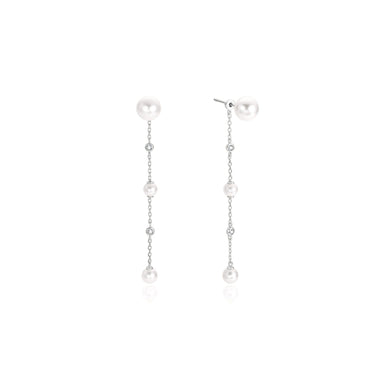 Silver Cascade Shell Pearl Station Drop Stud Earrings