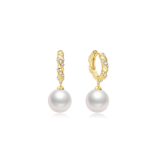 Gold Shell Pearl Dangling Twisted Huggie Hoop Earrings