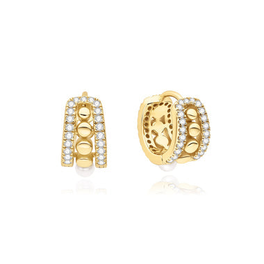 Gold Sparkling Shell Pearl Row Huggie Hoop Earrings