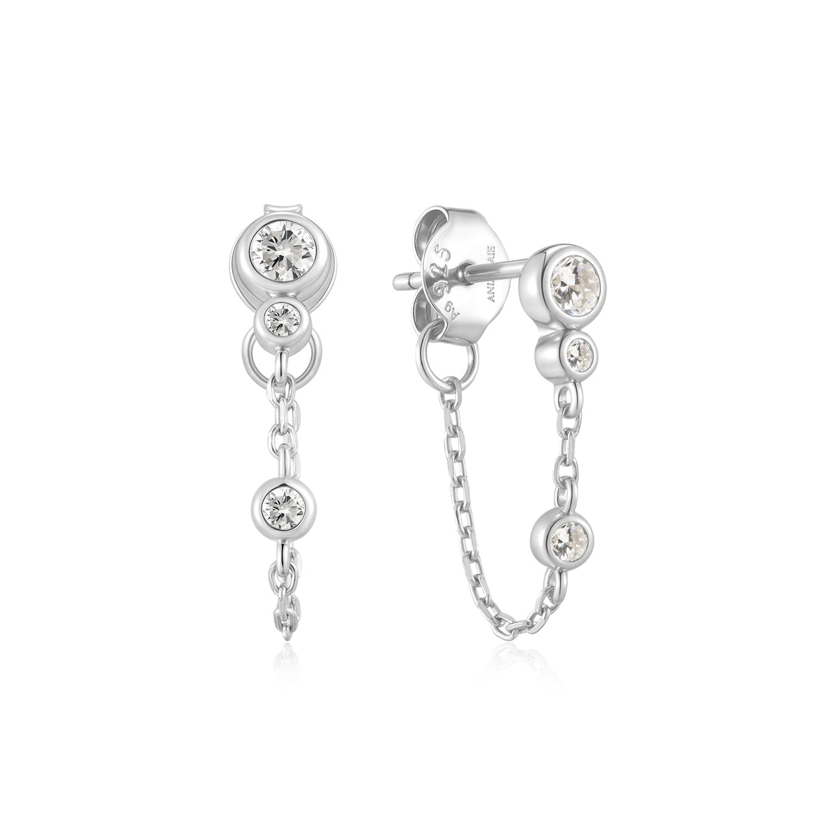 Silver Bezel-Set Drop Chain Stud Earrings