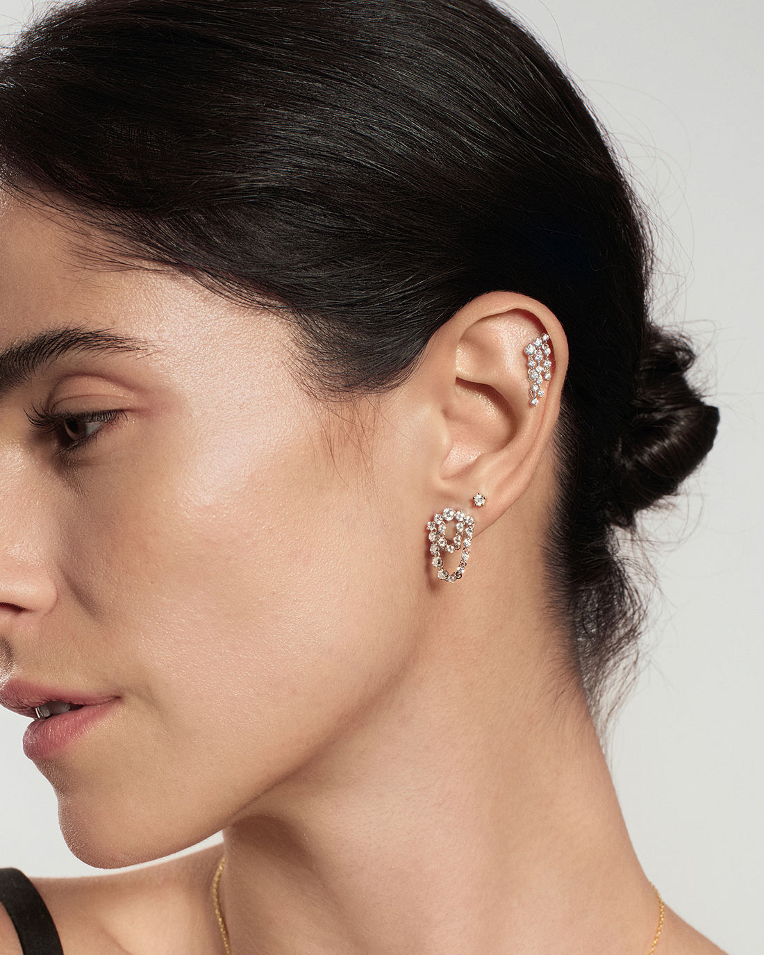 Silver Sparkling Arc with Double Chain Stud Earrings