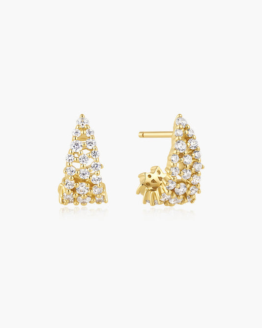 Gold Pavé Openwork Curved Stud Hoop Earrings