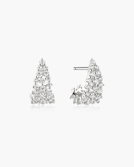 Silver Pavé Openwork Curved Stud Hoop Earrings