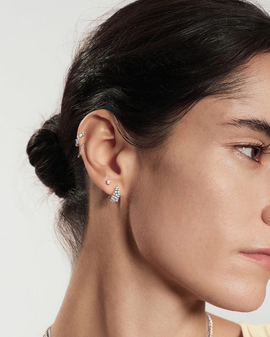 Silver Pavé Openwork Curved Stud Hoop Earrings
