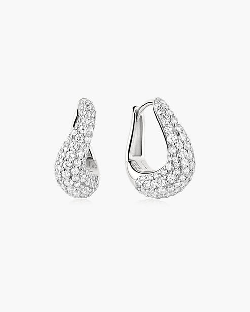 Silver Pavé Wave Huggie Hoop Earrings