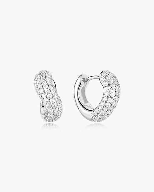 Silver Chunky Pavé Wave Huggie Hoop Earrings