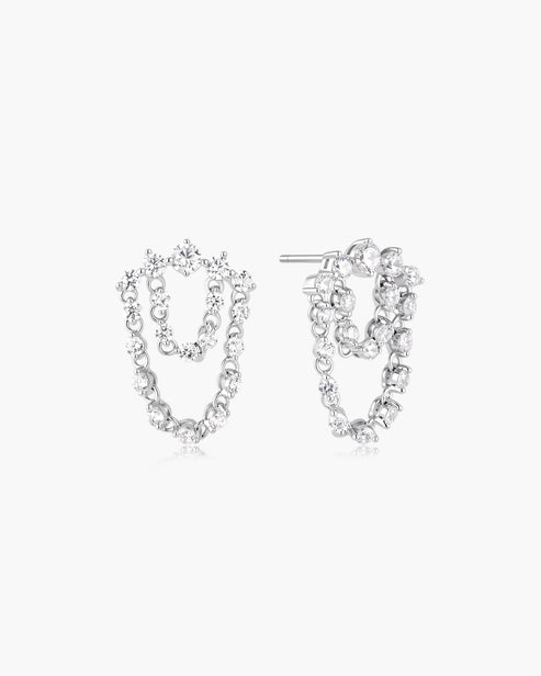 Silver Sparkling Arc with Double Chain Stud Earrings