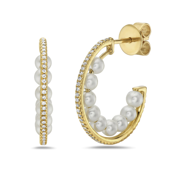 14 Karat Yellow Gold Pearl Hoop Earrings
