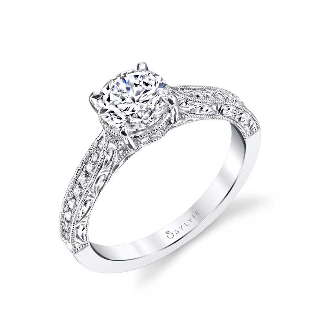 Envie | 14kt White Gold Diamond Round Cut Modern Vintage Engagement Ring