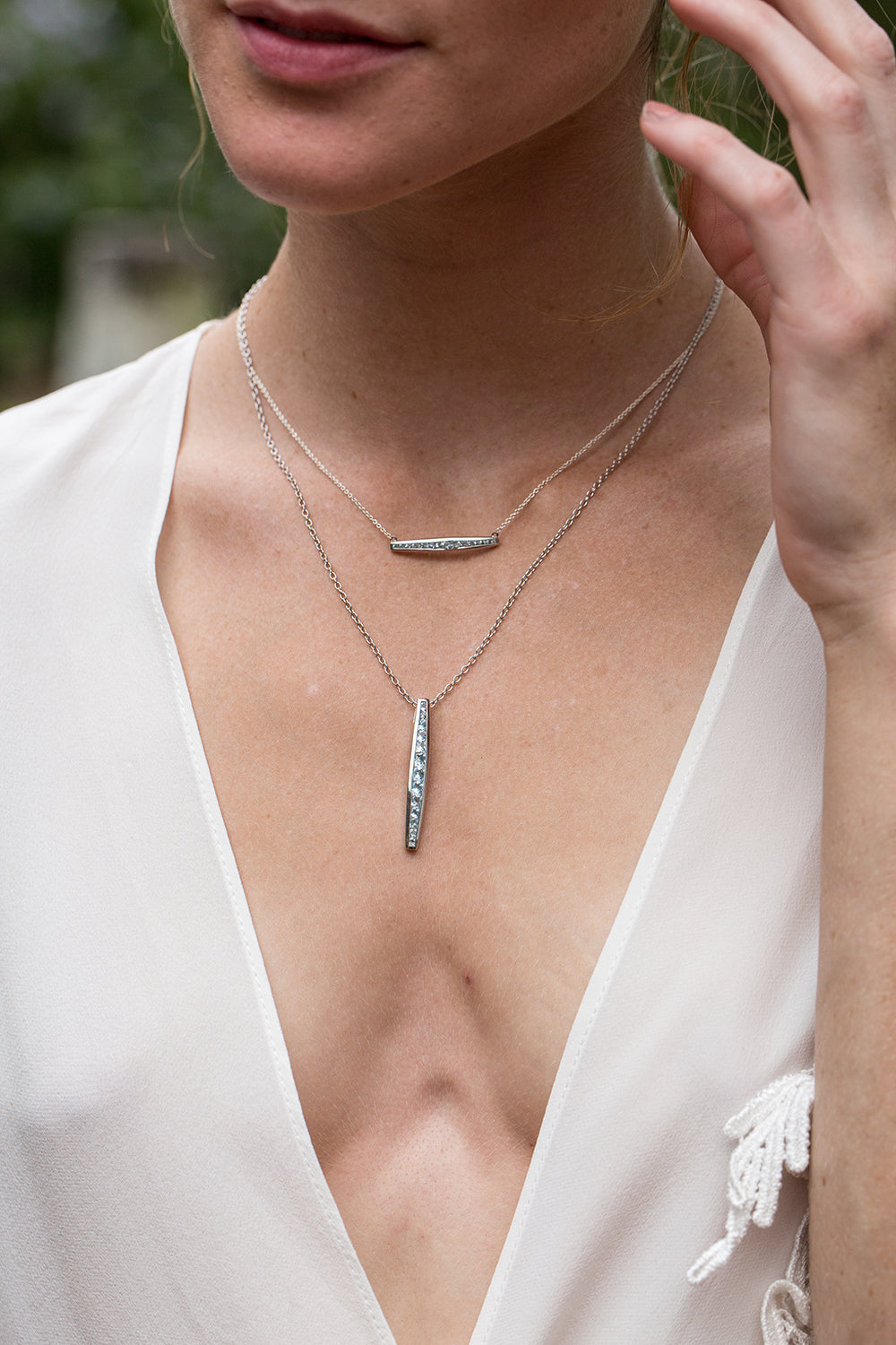 Garnet Channel Sideways Bar Necklace