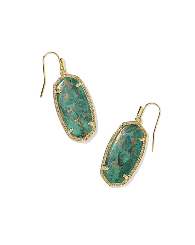 Elle Lattice Frame Gold Drop Earrings in  Bronze Veined Green Malachite