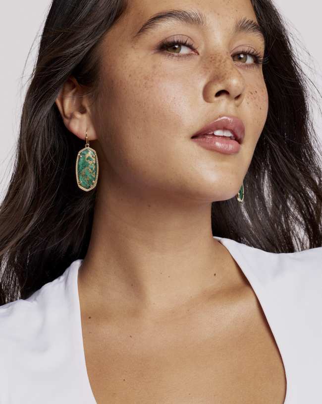 Elle Lattice Frame Gold Drop Earrings in  Bronze Veined Green Malachite