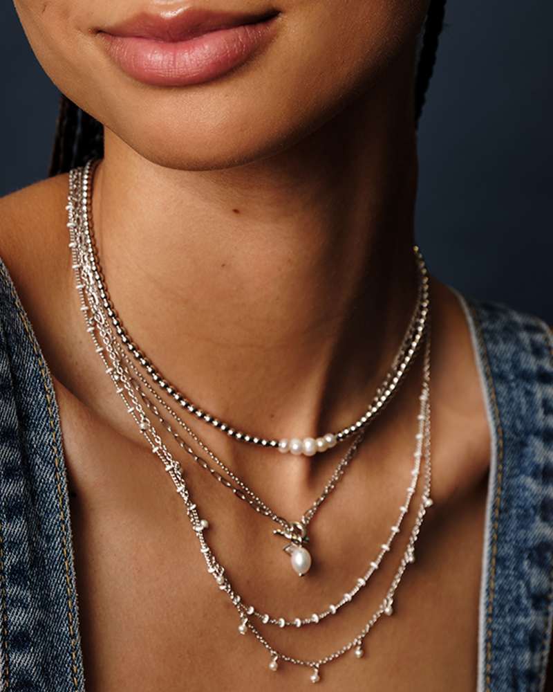 Eve Silver Beaded Strand Necklace in White Pearl