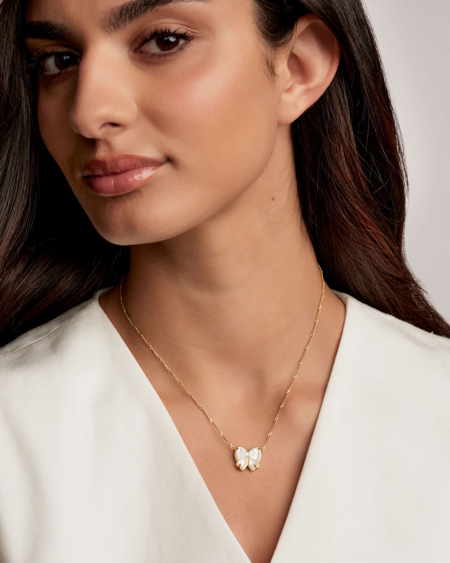 Haley Gold Bow Short Pendant Necklace in Ivory Mother of Pearl