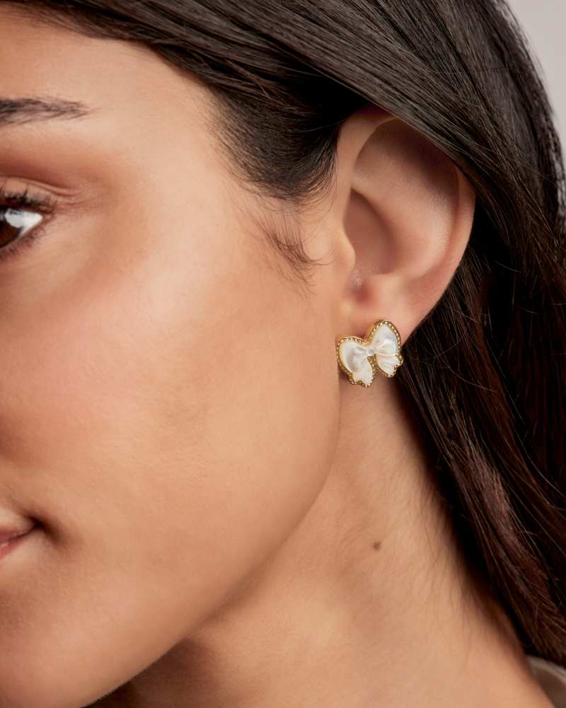 Haley Gold Bow Stud Earrings in Ivory Mother of Pearl