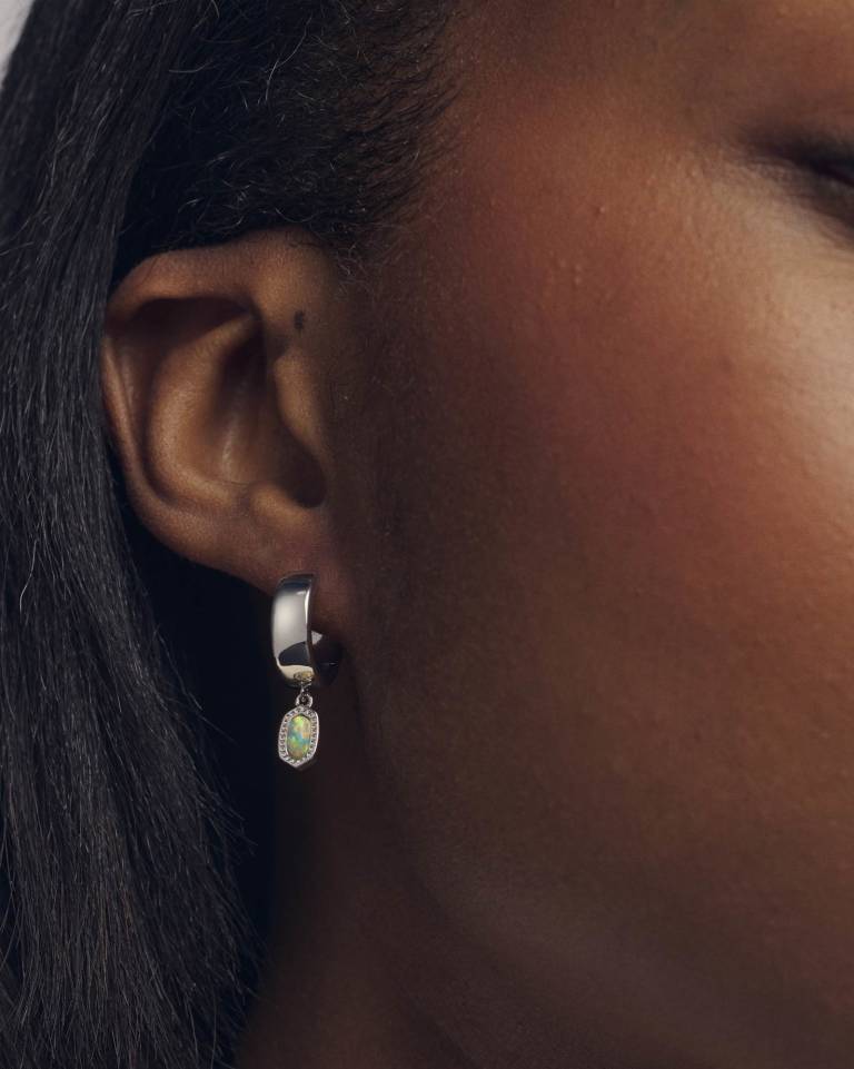 Mini Ellie Silver Wide Huggie Earrings in Green Lab Grown Opal