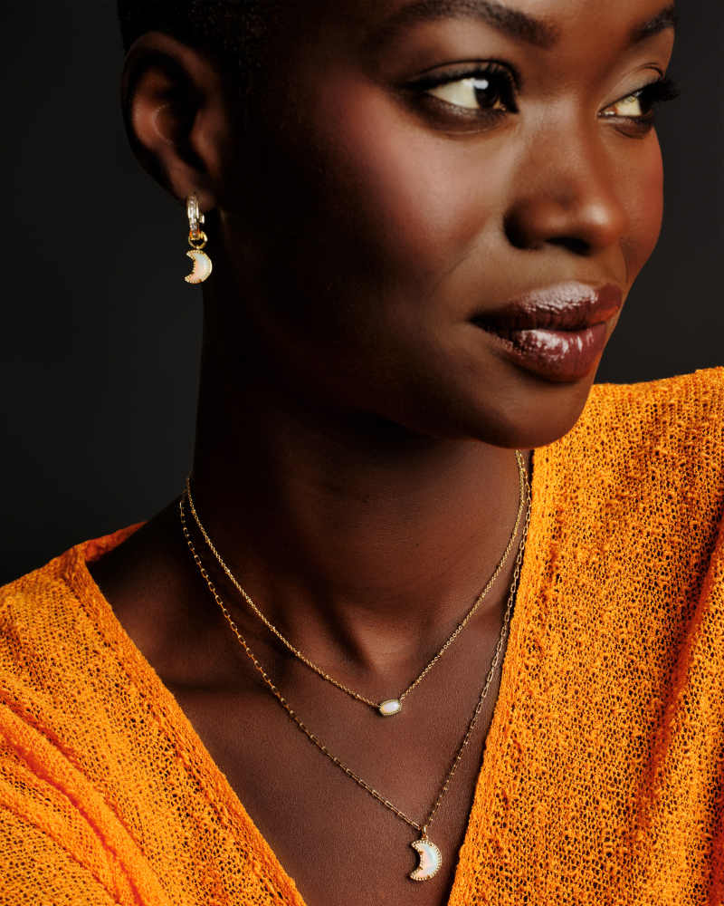 Moon Gold Short Pendant Necklace in White Opalescent Resin