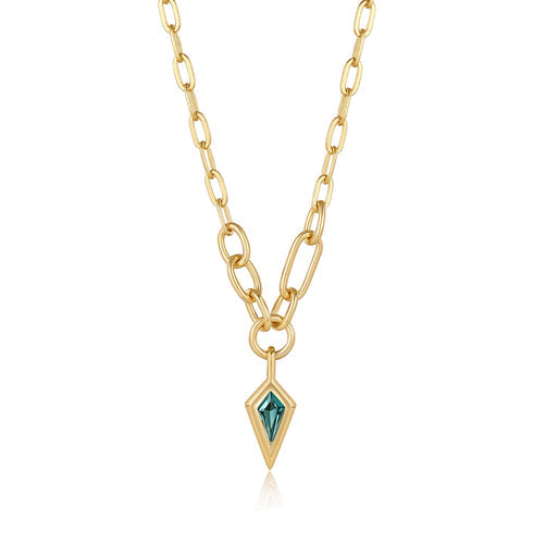 Gold Teal Sparkle Drop Pendant Chunky Chain Necklace