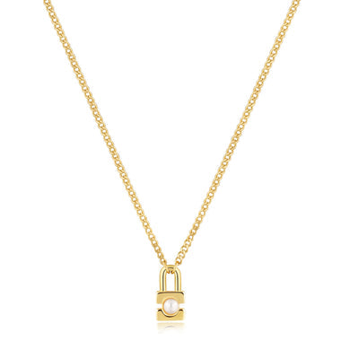 Gold Pearl Padlock Necklace