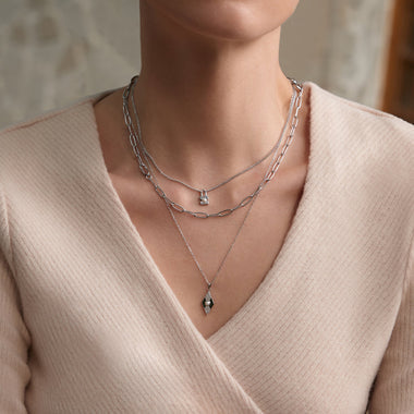 Silver Pearl Geometric Pendant Necklace