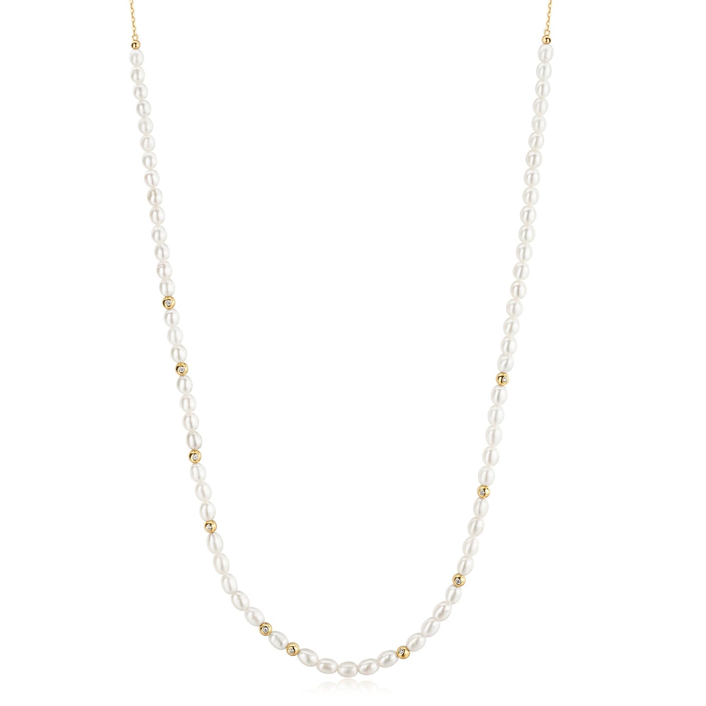 Gold Freshwater Pearl and White Cubic Zirconia Bezel Set Slider Necklace