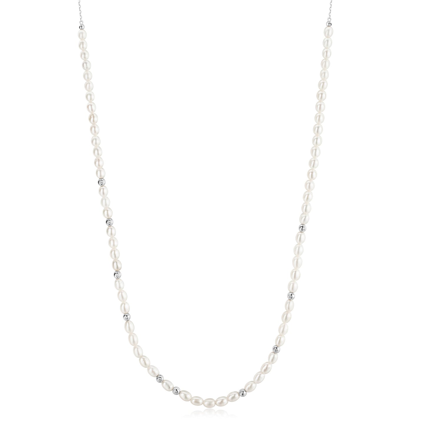 Silver Freshwater Pearl and White Cubic Zirconia Bezel Set Slider Necklace