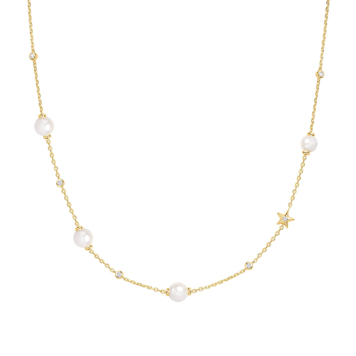 Gold Shell Pearl and Star Station Necklace