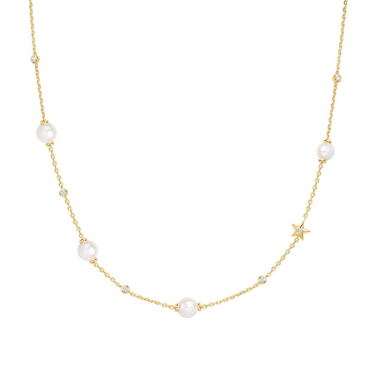 Gold Shell Pearl and Star Station Necklace