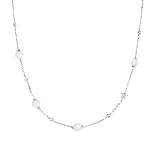 Silver Shell Pearl and Star Station Necklace