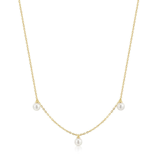 Gold Triple Shell Pearl Station Necklace