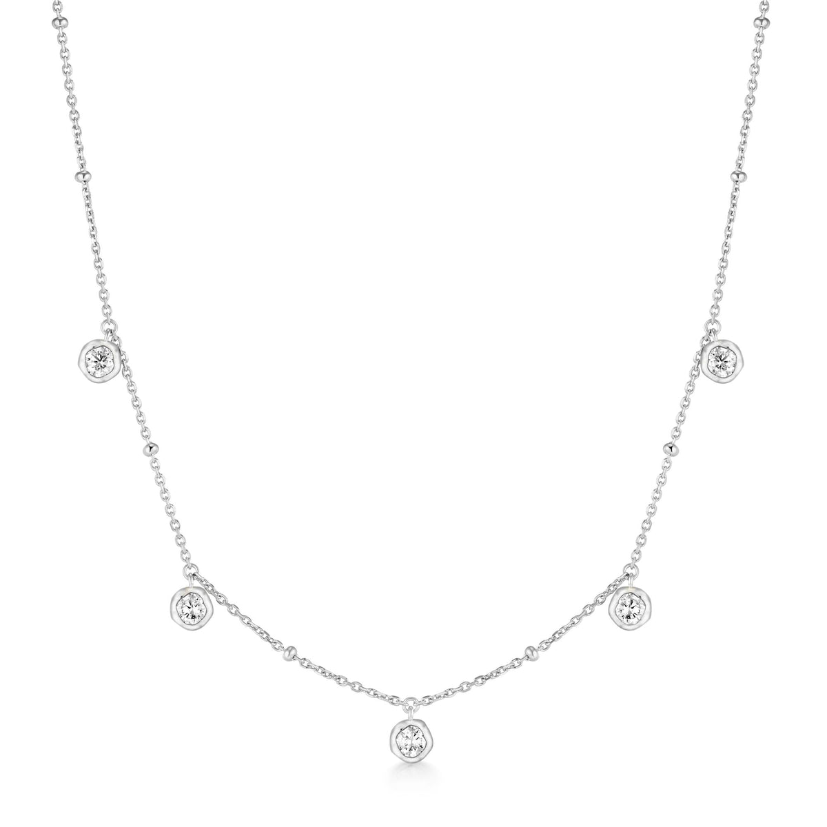 Silver Molten Bezel-Set Droplet Station Necklace