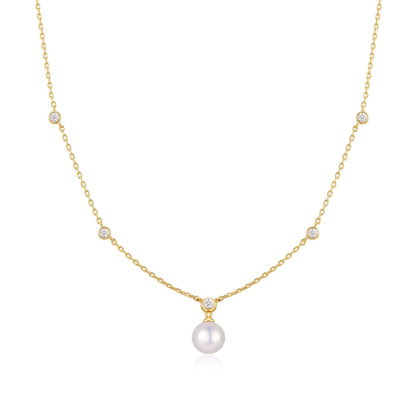 Gold Bezel-Set Station Necklace with Shell Pearl Pendant