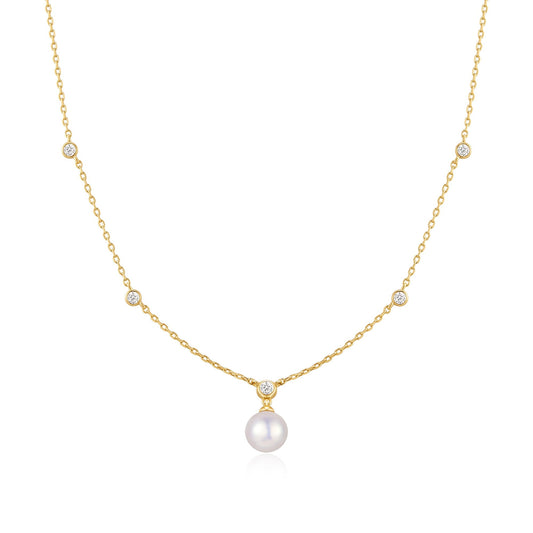 Gold Bezel-Set Station Necklace with Shell Pearl Pendant
