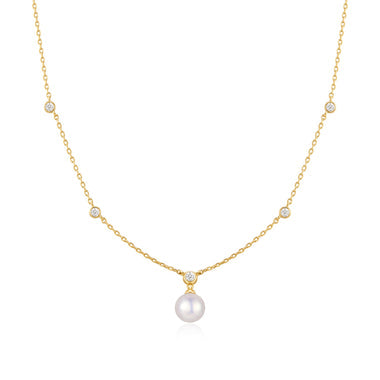 Gold Bezel-Set Station Necklace with Shell Pearl Pendant