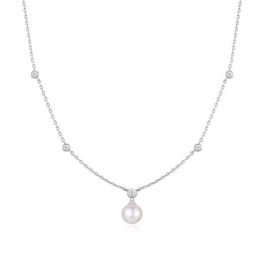 Silver Bezel-Set Station Necklace with Shell Pearl Pendant