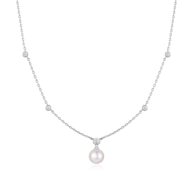 Silver Bezel-Set Station Necklace with Shell Pearl Pendant