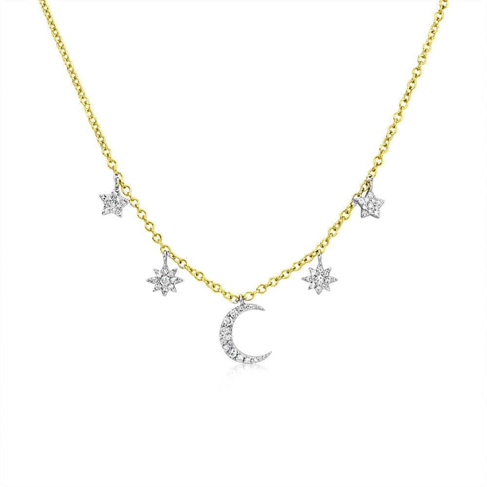 Sisterly Style Yellow Gold Moon & Star Diamond Necklace