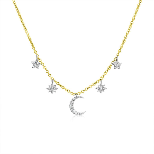 Sisterly Style Yellow Gold Moon & Star Diamond Necklace
