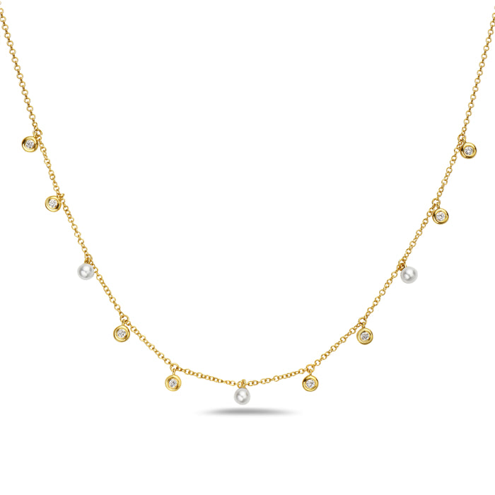 14 Karat Yellow Gold Pearl & Diamond Garden Lights Necklace
