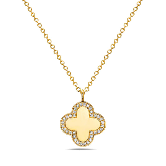 14 Karat Yellow Gold Diamond Clover Pendant Necklace