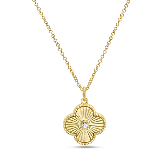 14 Karat Yellow Gold Diamond Clover Pendant Necklace