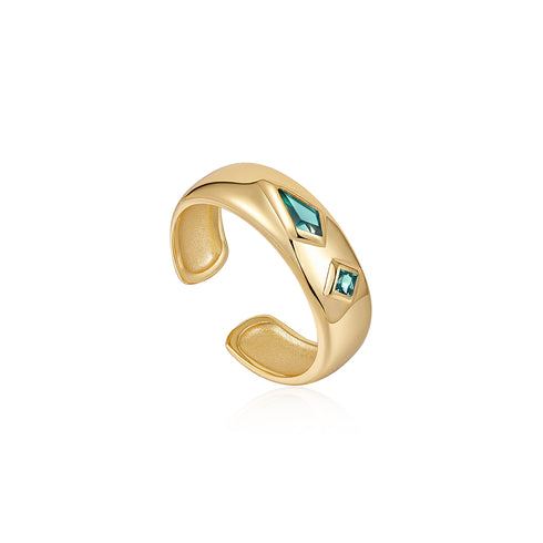 Gold Teal Sparkle Emblem Thick Band Ring