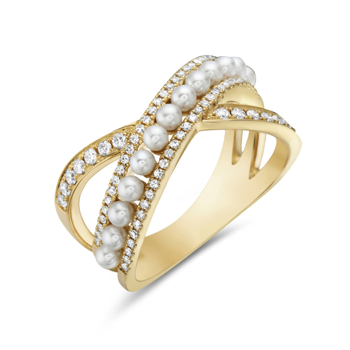 14 Karat Yellow Gold Pearl and Diamond Ring