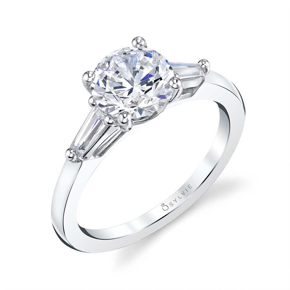 Nicolette | 14kt White Gold Round Cut Three Stone Diamond Engagement Ring With Baguettes