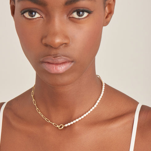 Gold Pearl Chunky Link Chain Necklace