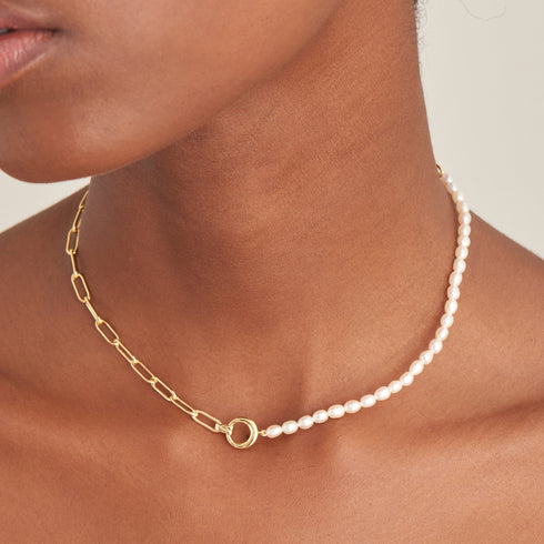 Gold Pearl Chunky Link Chain Necklace